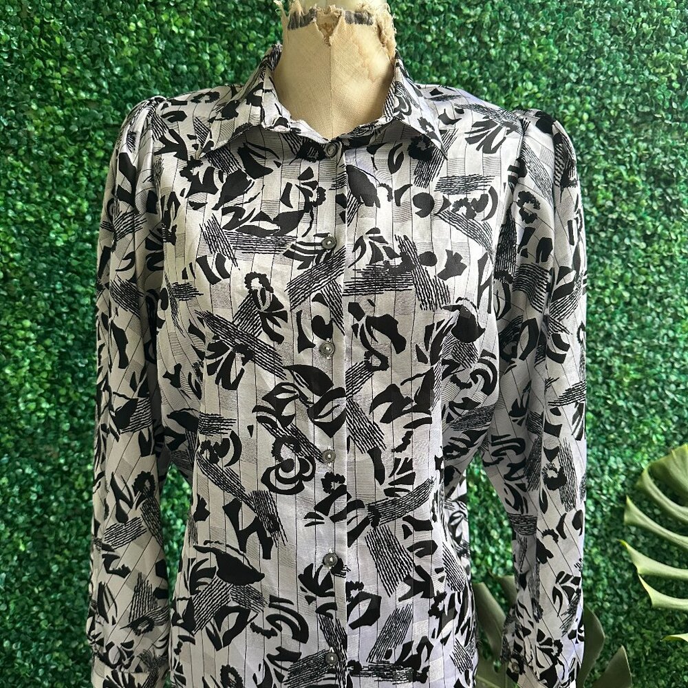 1980s Golden Gate Black-and-White Printed Long Sleeve Blouse